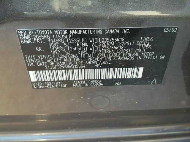 2T3BF32V69W015564 - 2009 TOYOTA RAV4 SPORT GRAY photo 10