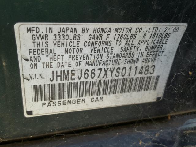 JHMEJ667XYS011483 - 2000 HONDA CIVIC LX GREEN photo 10