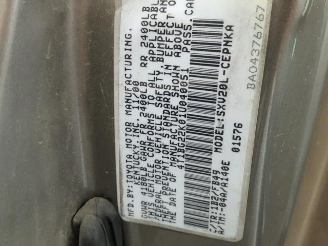 4T1BG22K01U040051 - 2001 TOYOTA CAMRY CE GRAY photo 10