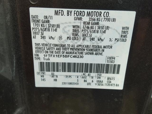 1FTFX1EF5BFC46230 - 2011 FORD F150 SUPER GRAY photo 10