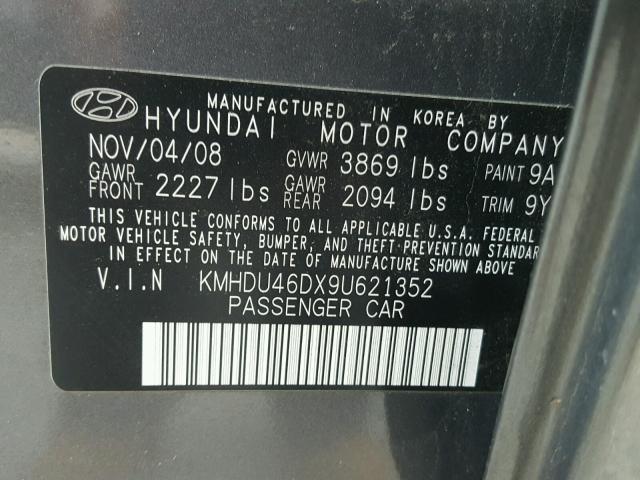 KMHDU46DX9U621352 - 2009 HYUNDAI ELANTRA GL GRAY photo 10