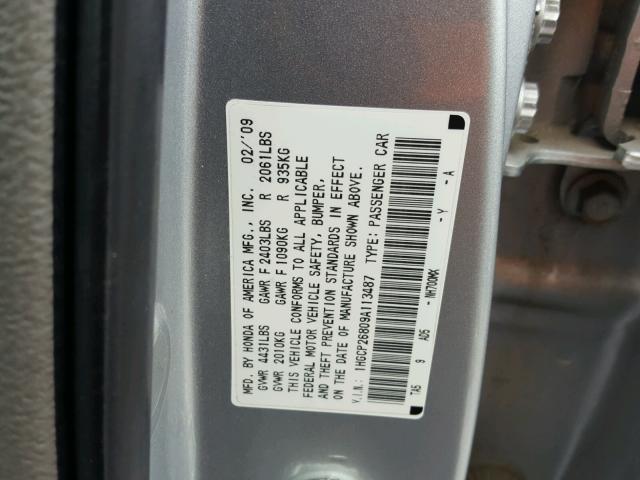 1HGCP26809A113487 - 2009 HONDA ACCORD EXL SILVER photo 10