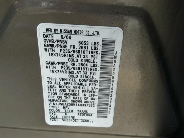 JN8AZ08W14W337383 - 2004 NISSAN MURANO SL GRAY photo 10