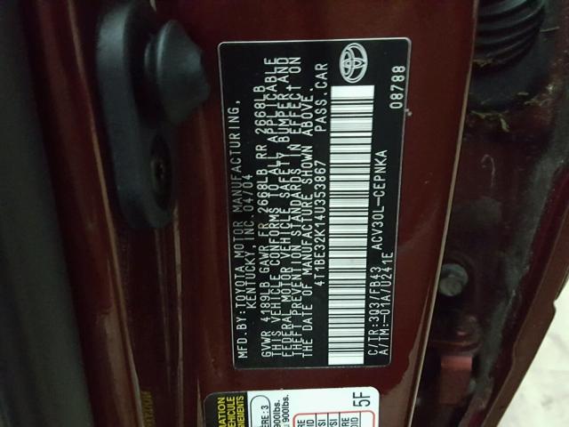 4T1BE32K14U353867 - 2004 TOYOTA CAMRY LE ბურგუნდია ფოტო 10