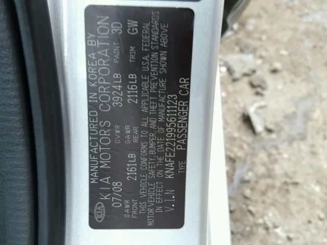 KNAFE221995611123 - 2009 KIA SPECTRA EX SILVER photo 10