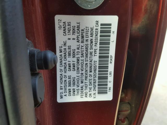 2HGFB2F52CH605772 - 2012 HONDA CIVIC LX MAROON photo 10