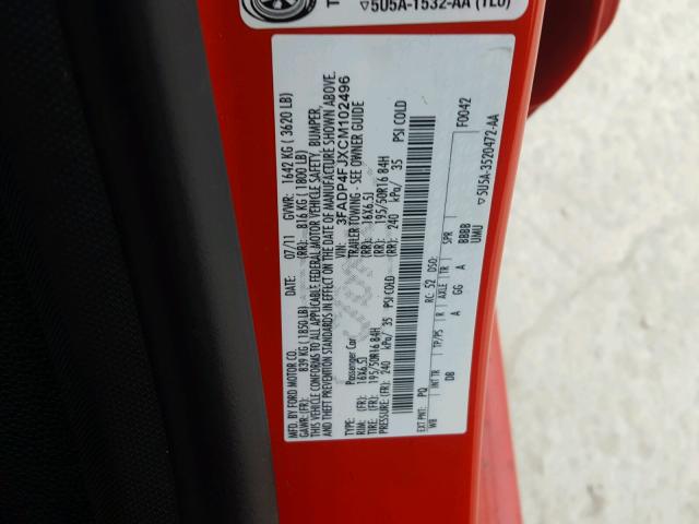 3FADP4FJXCM102496 - 2012 FORD FIESTA SES RED photo 10