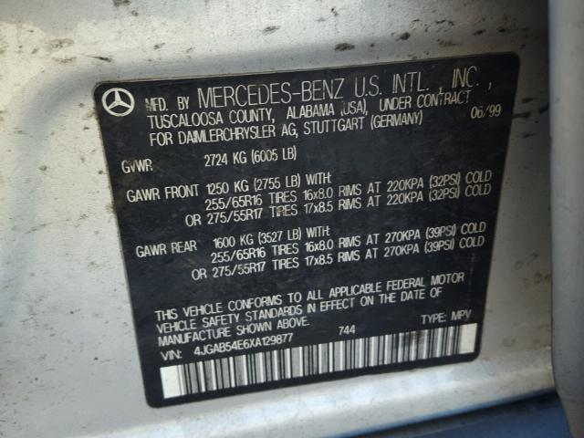 4JGAB54E6XA129877 - 1999 MERCEDES-BENZ ML 320 SILVER photo 10