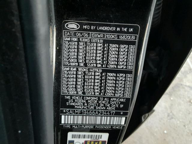 SALMF13466A234417 - 2006 LAND ROVER RANGE ROVE BLACK photo 10