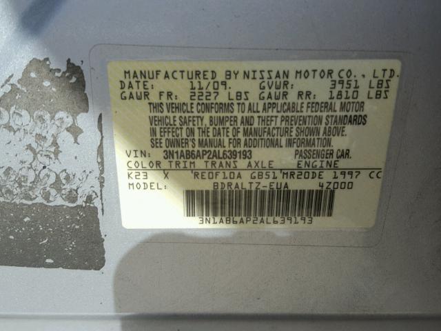 3N1AB6AP2AL639193 - 2010 NISSAN SENTRA 2.0 SILVER photo 10