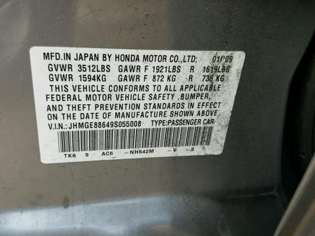 JHMGE88649S055008 - 2009 HONDA FIT SPORT SILVER photo 10