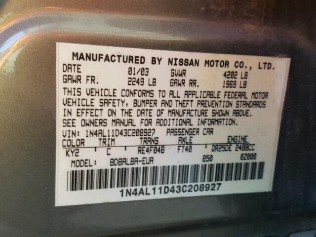 1N4AL11D43C208927 - 2003 NISSAN ALTIMA BAS GRAY photo 10