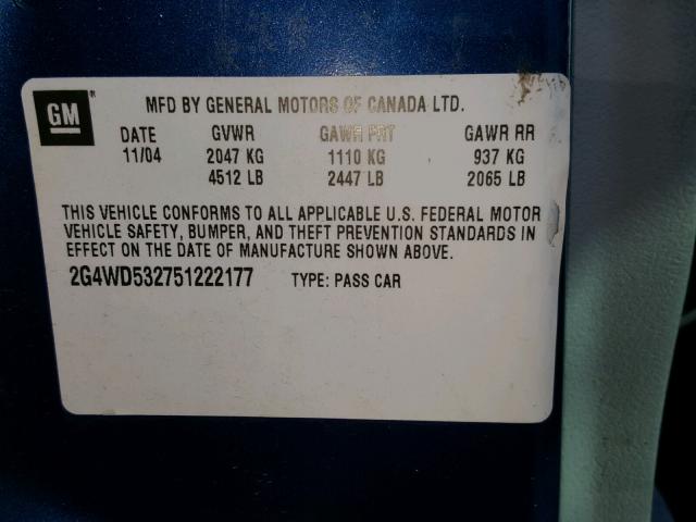 2G4WD532751222177 - 2005 BUICK LACROSSE C BLUE photo 10