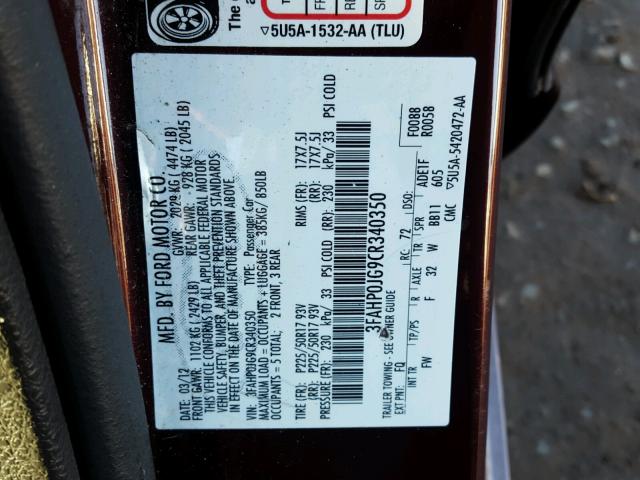 3FAHP0JG9CR340350 - 2012 FORD FUSION SEL MAROON photo 10