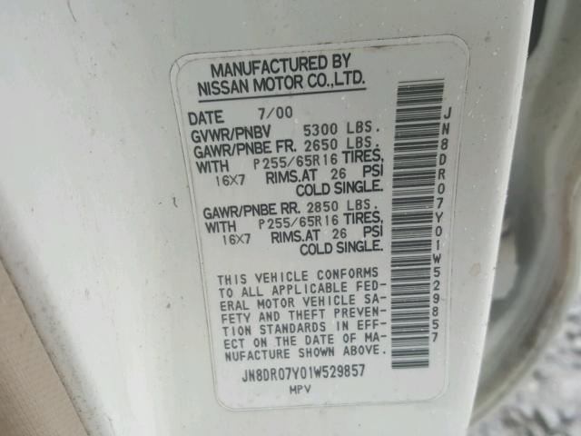JN8DR07Y01W529857 - 2001 NISSAN PATHFINDER WHITE photo 10