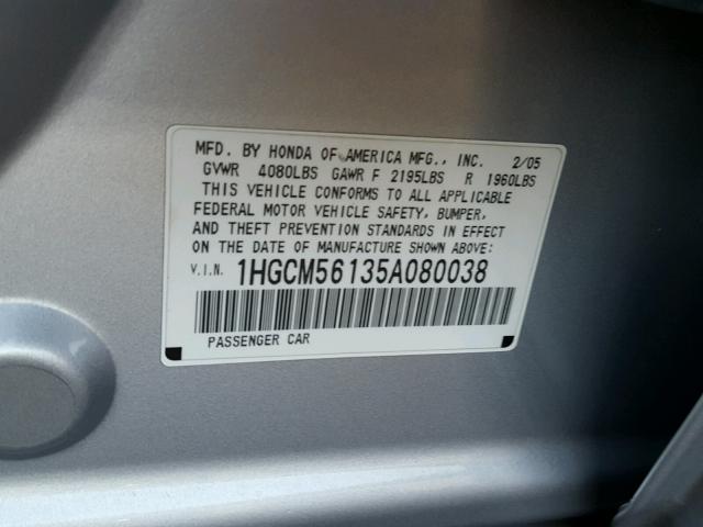 1HGCM56135A080038 - 2005 HONDA ACCORD DX SILVER photo 10