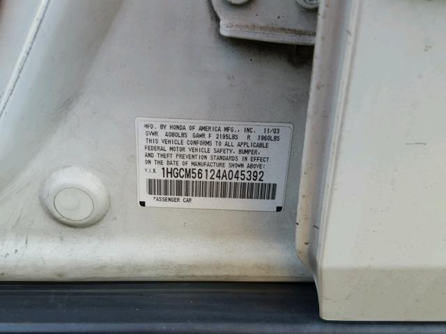 1HGCM56124A045392 - 2004 HONDA ACCORD DX WHITE photo 10