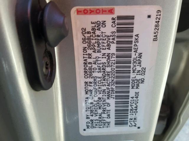 JTDBF32K220072179 - 2002 TOYOTA CAMRY LE SILVER photo 10