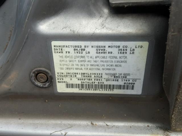 3N1CB51D0YL339333 - 2000 NISSAN SENTRA BAS SILVER photo 10