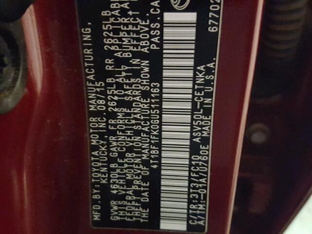 4T1BF1FK0GU511163 - 2016 TOYOTA CAMRY LE წითელი ფოტო 10