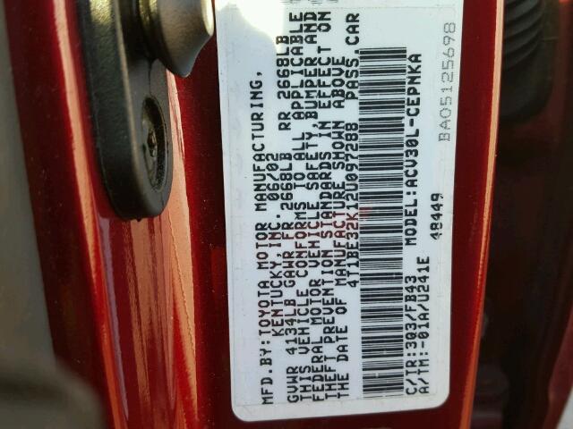 4T1BE32K12U097288 - 2002 TOYOTA CAMRY LE ბურგუნდია ფოტო 10