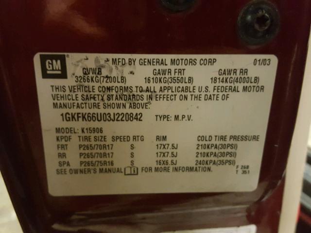 1GKFK66U03J220842 - 2003 GMC YUKON XL D MAROON photo 10