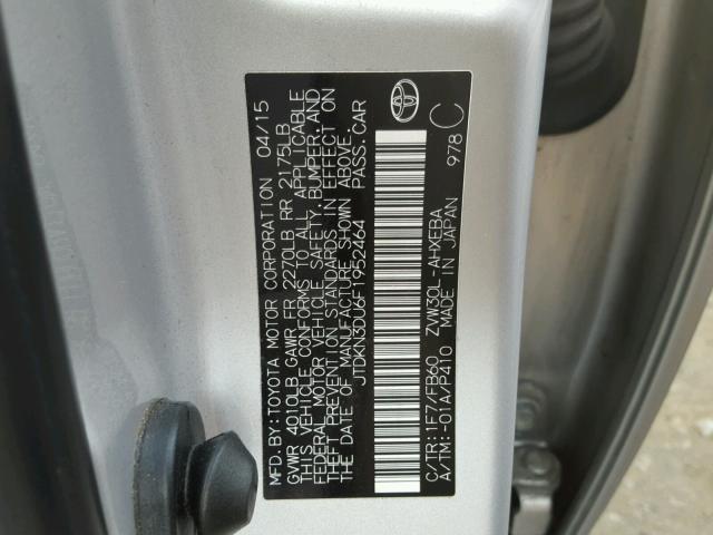 JTDKN3DU6F1952464 - 2015 TOYOTA PRIUS SILVER photo 10