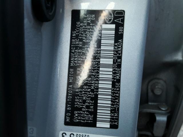 2T1BR32E27C763646 - 2007 TOYOTA COROLLA CE SILVER photo 10