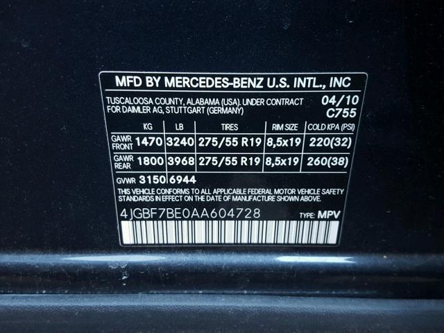 4JGBF7BE0AA604728 - 2010 MERCEDES-BENZ GL 450 4MA GRAY photo 10