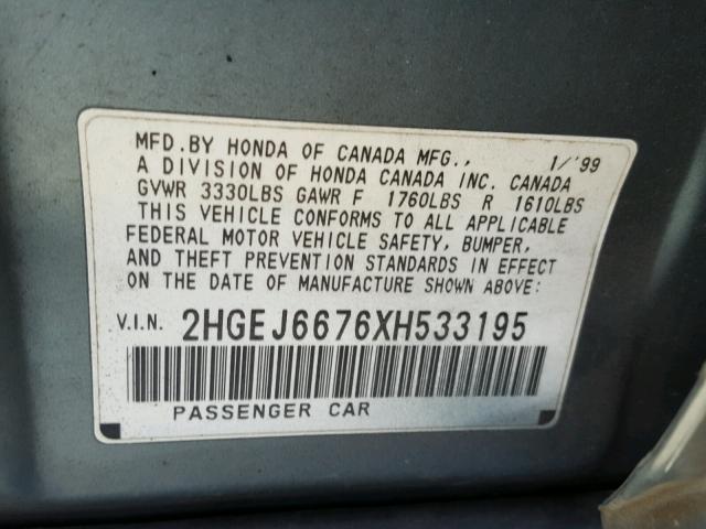 2HGEJ6676XH533195 - 1999 HONDA CIVIC LX GREEN photo 10