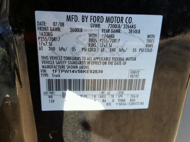 1FTPW14V58KE92839 - 2008 FORD F150 SUPER BLACK photo 10