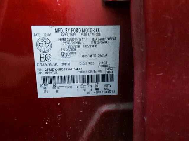 2FMDK49C58BA39432 - 2008 FORD EDGE LIMIT RED photo 10