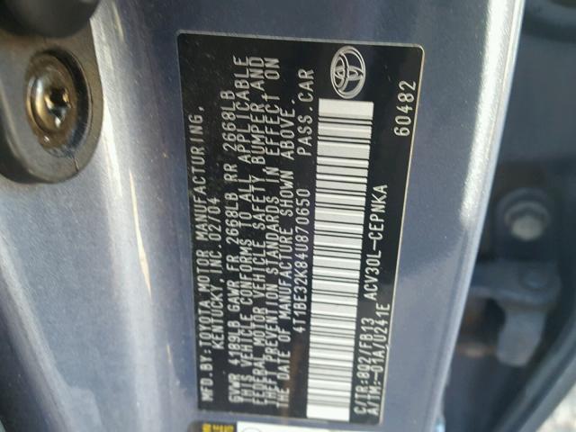 4T1BE32K84U870650 - 2004 TOYOTA CAMRY LE BLUE photo 10