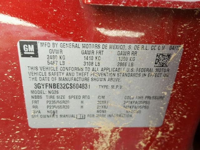 3GYFNBE32CS604831 - 2012 CADILLAC SRX PERFOR 红色 照片 10