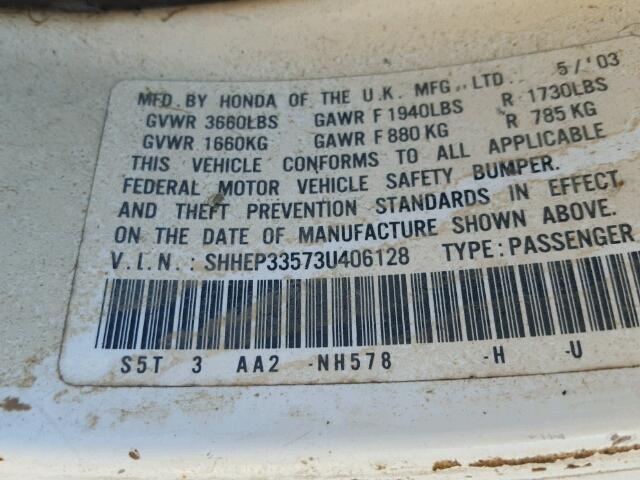 SHHEP33573U406128 - 2003 HONDA CIVIC SI WHITE photo 10