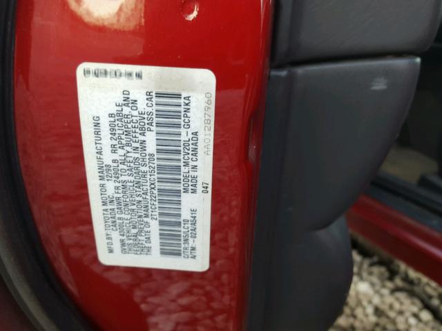 2T1CF22PXXC152708 - 1999 TOYOTA CAMRY SOLA RED photo 10