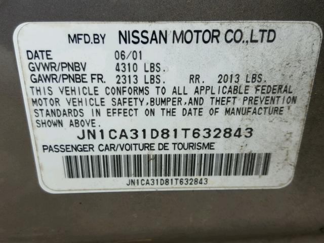 JN1CA31D81T632843 - 2001 NISSAN MAXIMA GXE SILVER photo 10