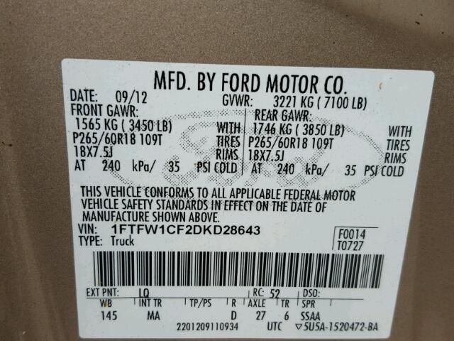 1FTFW1CF2DKD28643 - 2013 FORD F150 SUPER GOLD photo 10