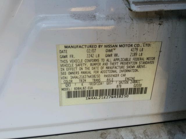 1N4AL21E27N438250 - 2007 NISSAN ALTIMA 2.5 WHITE photo 10