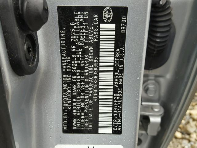 4T1BF1FK6GU589995 - 2016 TOYOTA CAMRY LE ვერცხლისფერი ფოტო 10