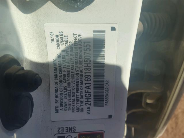 2HGFA16918H507551 - 2008 HONDA CIVIC EXL 白色 照片 10