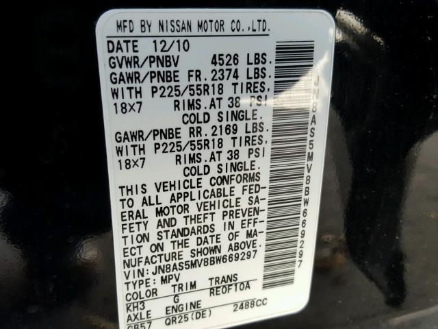 JN8AS5MV8BW669297 - 2011 NISSAN ROGUE S BLACK photo 10