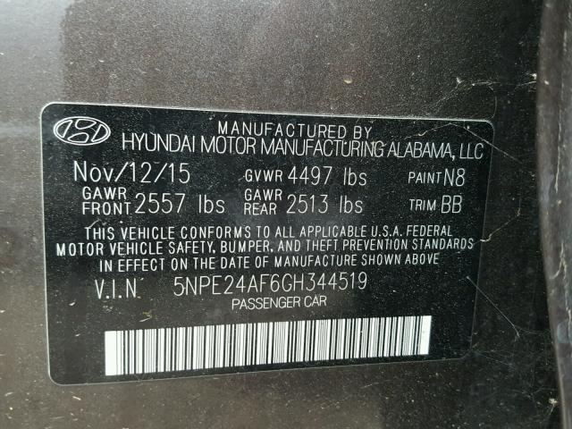 5NPE24AF6GH344519 - 2016 HYUNDAI SONATA SE BROWN photo 10