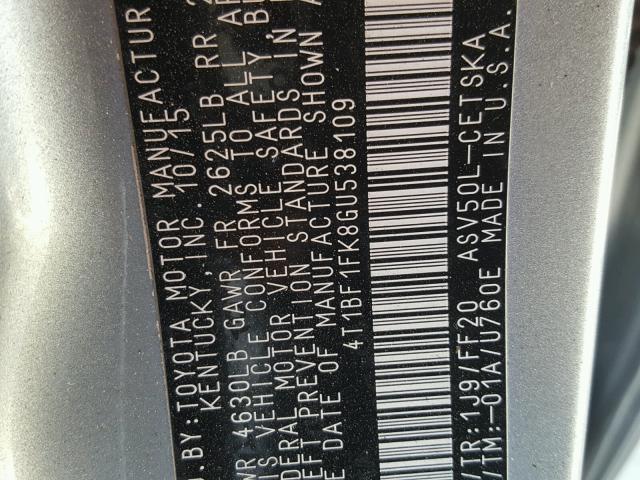 4T1BF1FK8GU538109 - 2016 TOYOTA CAMRY LE ვერცხლისფერი ფოტო 10