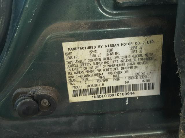 1N4DL01DX1C180944 - 2001 NISSAN ALTIMA XE GREEN photo 10