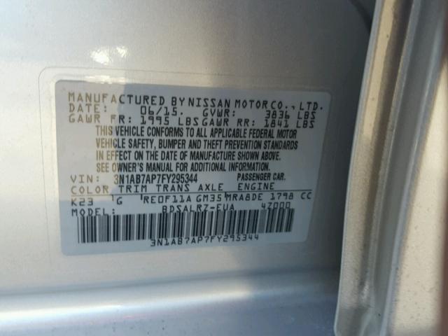 3N1AB7AP7FY295344 - 2015 NISSAN SENTRA S SILVER photo 10