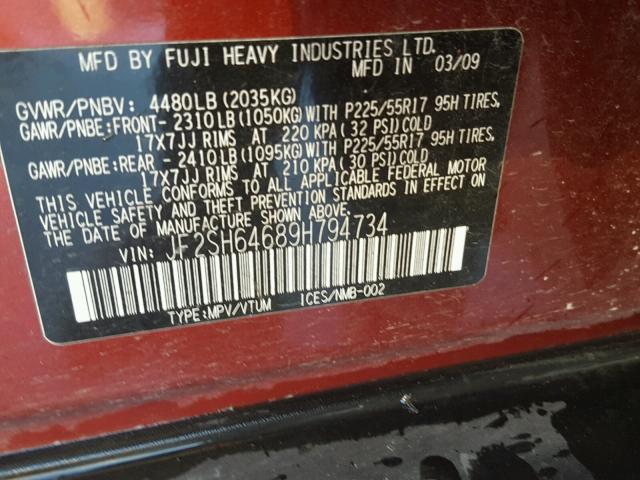 JF2SH64689H794734 - 2009 SUBARU FORESTER 2 BURGUNDY photo 10