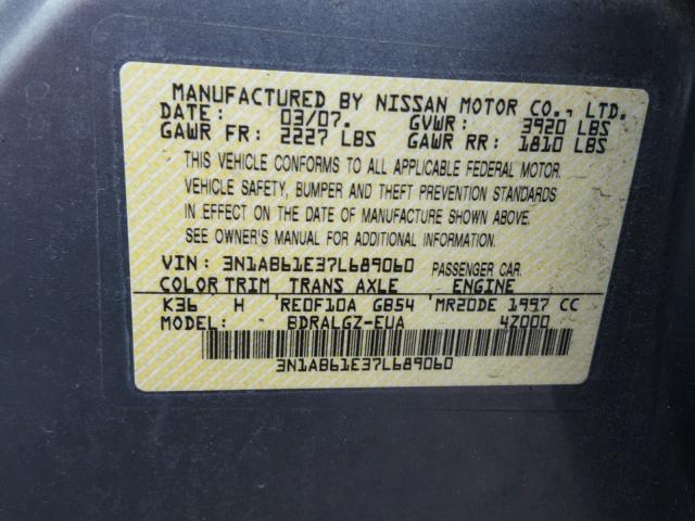 3N1AB61E37L689060 - 2007 NISSAN SENTRA 2.0 SILVER photo 10