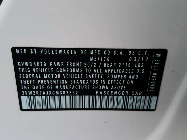 3VW2K7AJXCM387352 - 2012 VOLKSWAGEN JETTA BASE 白色 照片 10