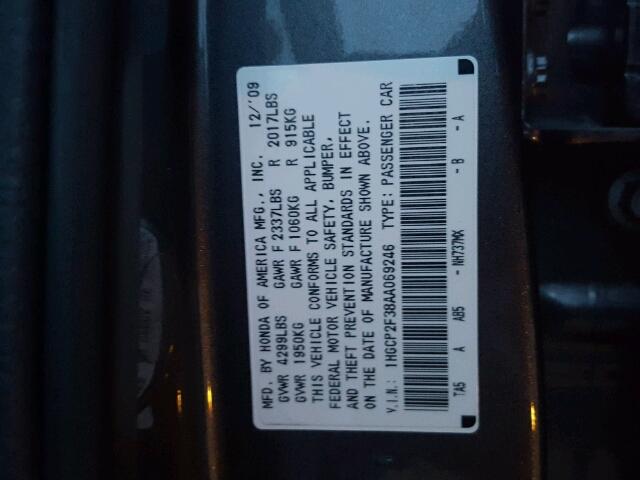 1HGCP2F38AA069246 - 2010 HONDA ACCORD LX GRAY photo 10